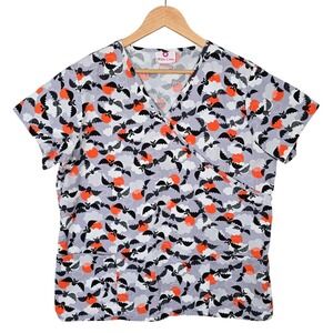 White Cross Women's Grey Orange Halloween Bat Print Scrub Top XL